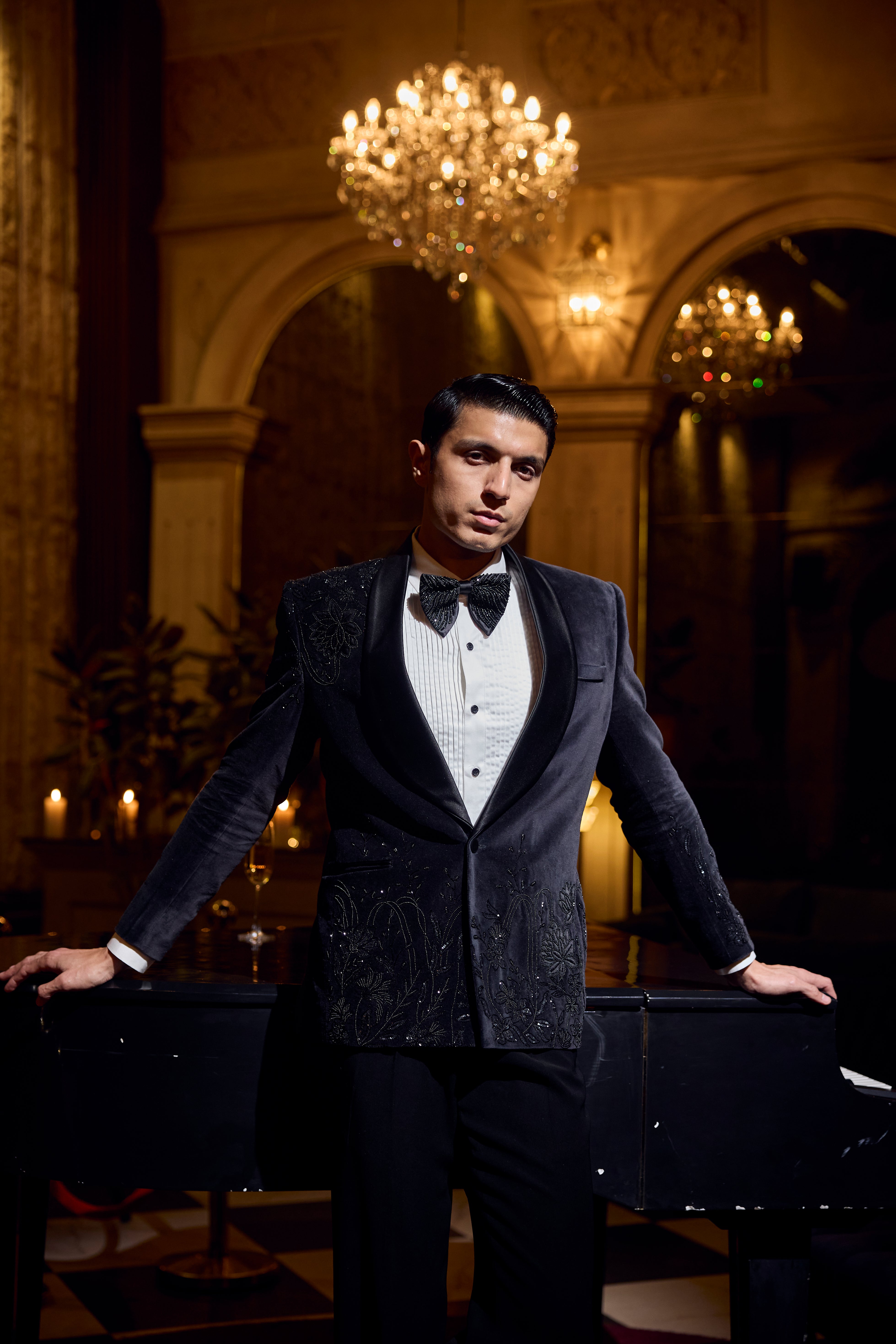 Velvet Noir Tuxedo Set with Intricate Black Embroidery