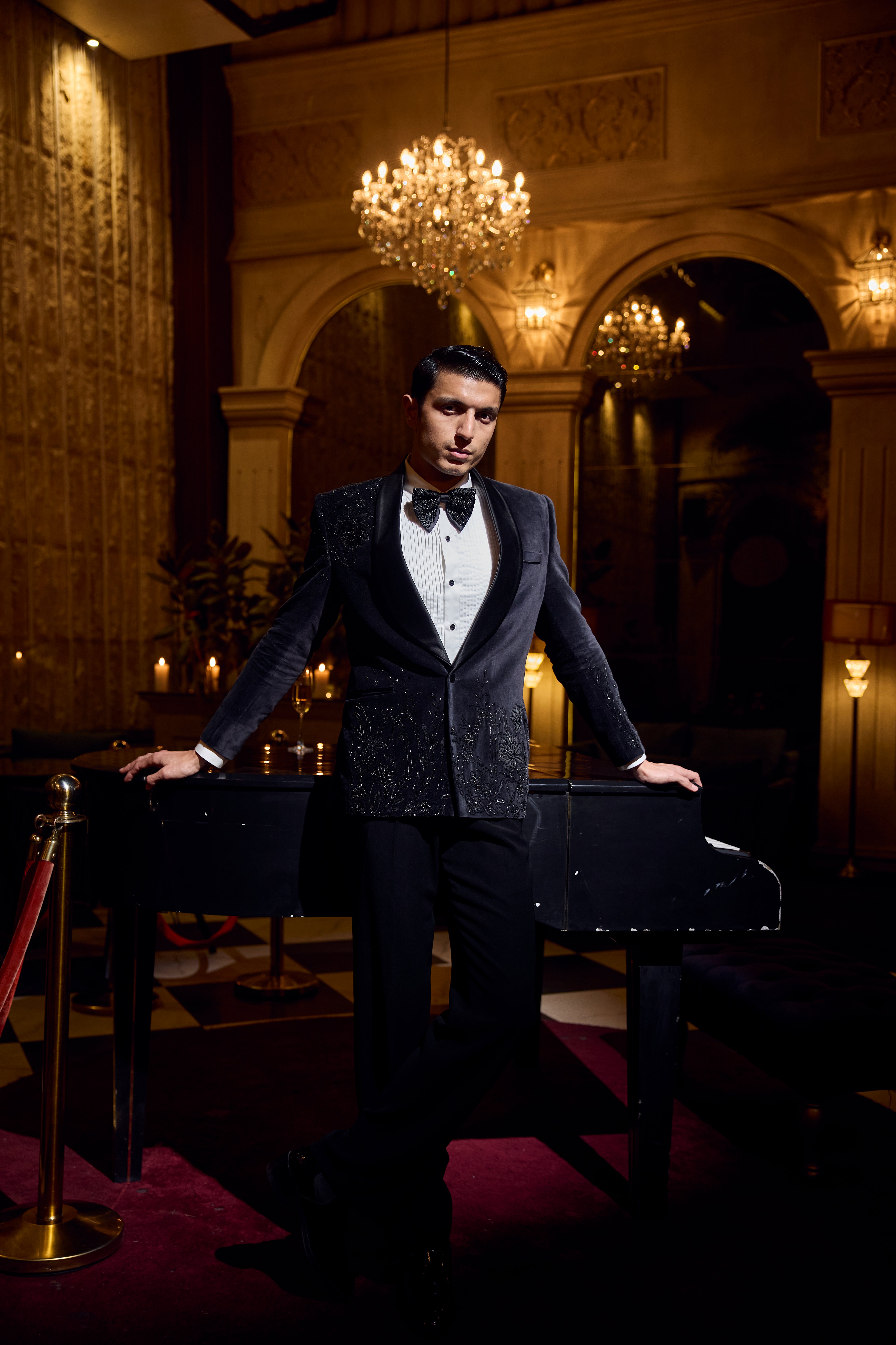 Velvet Noir Tuxedo Set with Intricate Black Embroidery