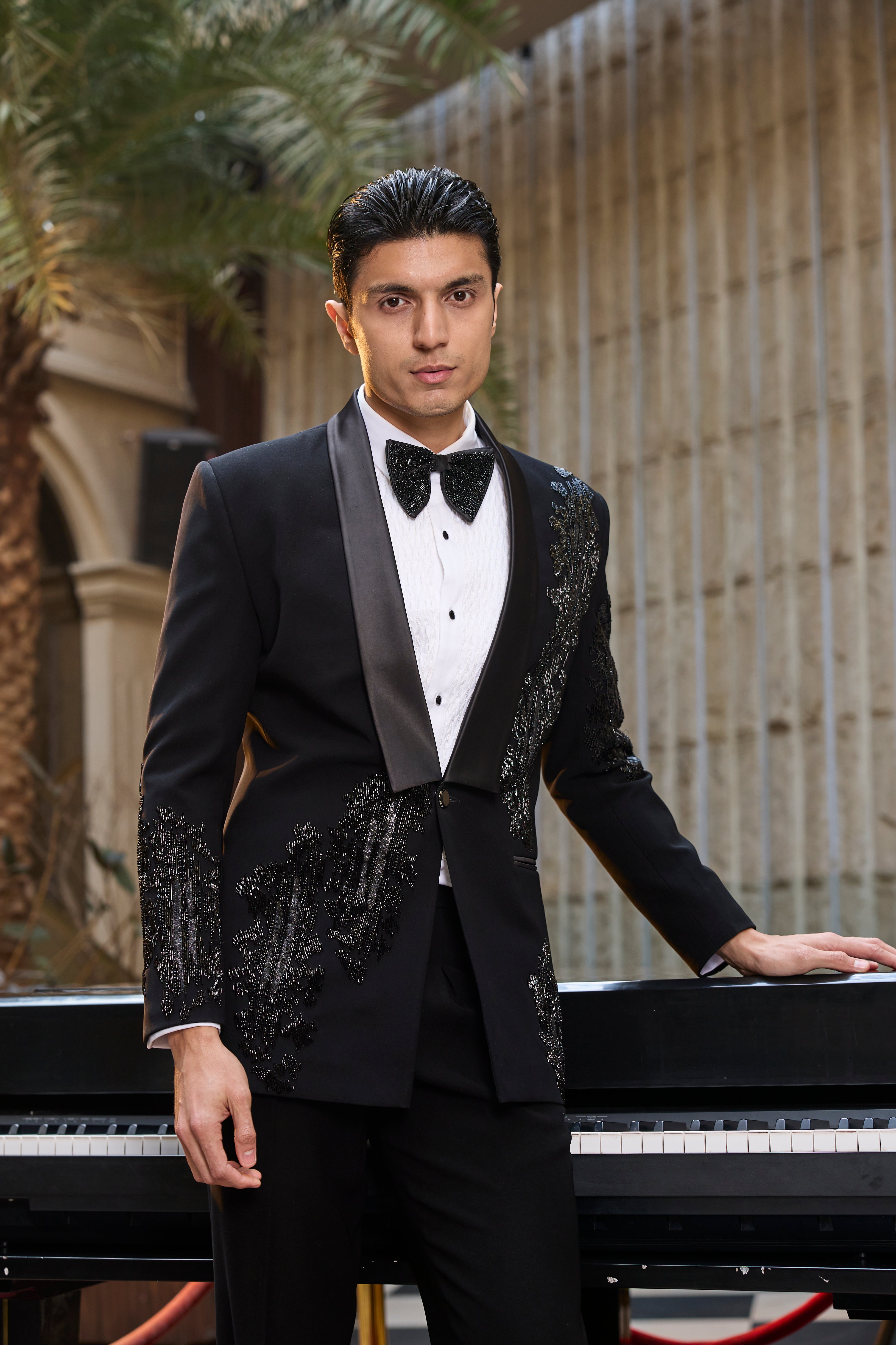 Classic Black Tuxedo Set with Intricate Sequin Work
