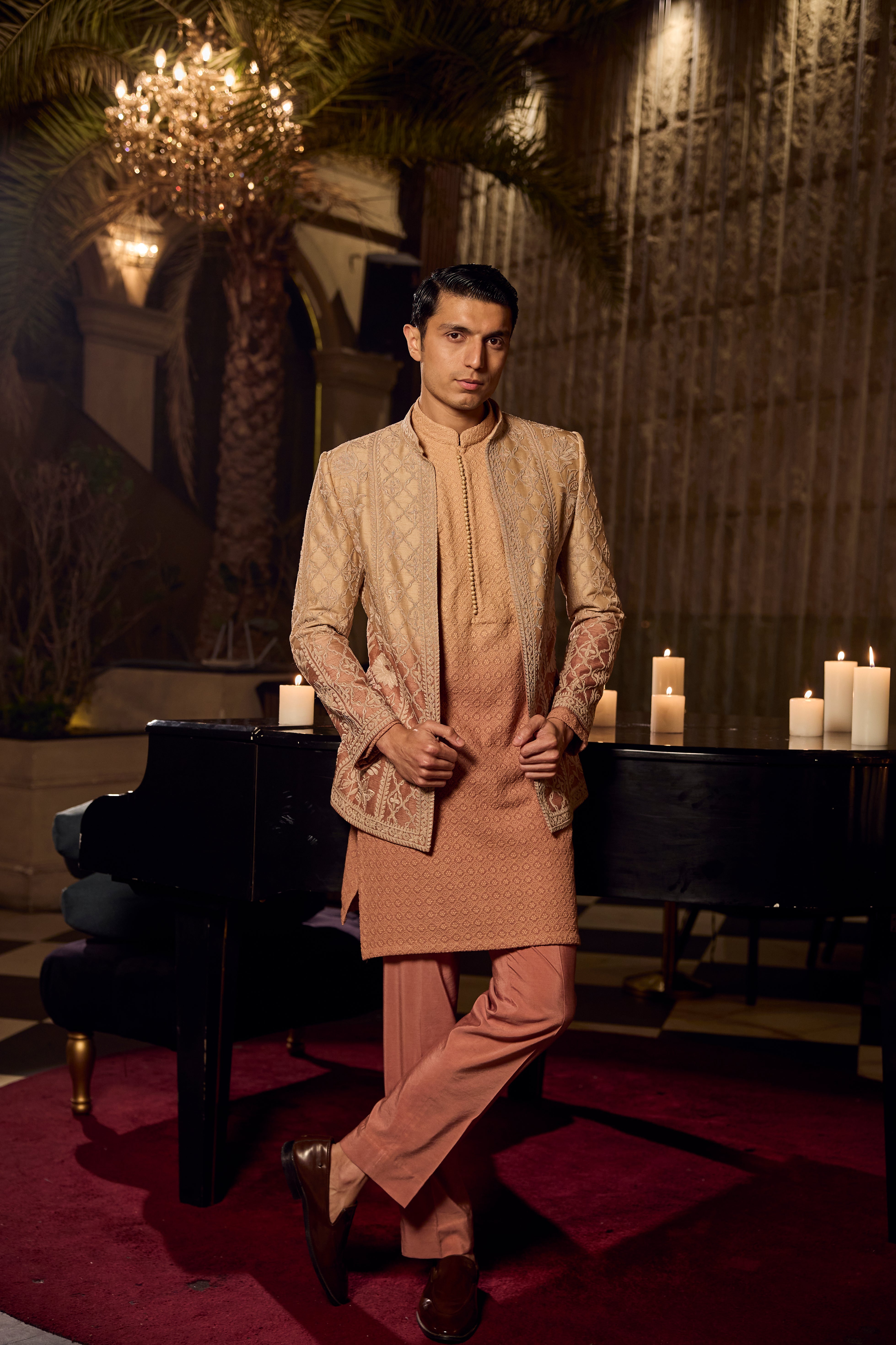 Peach Textured Kurta–Bundi Ensemble with Golden Embroidered Jacket