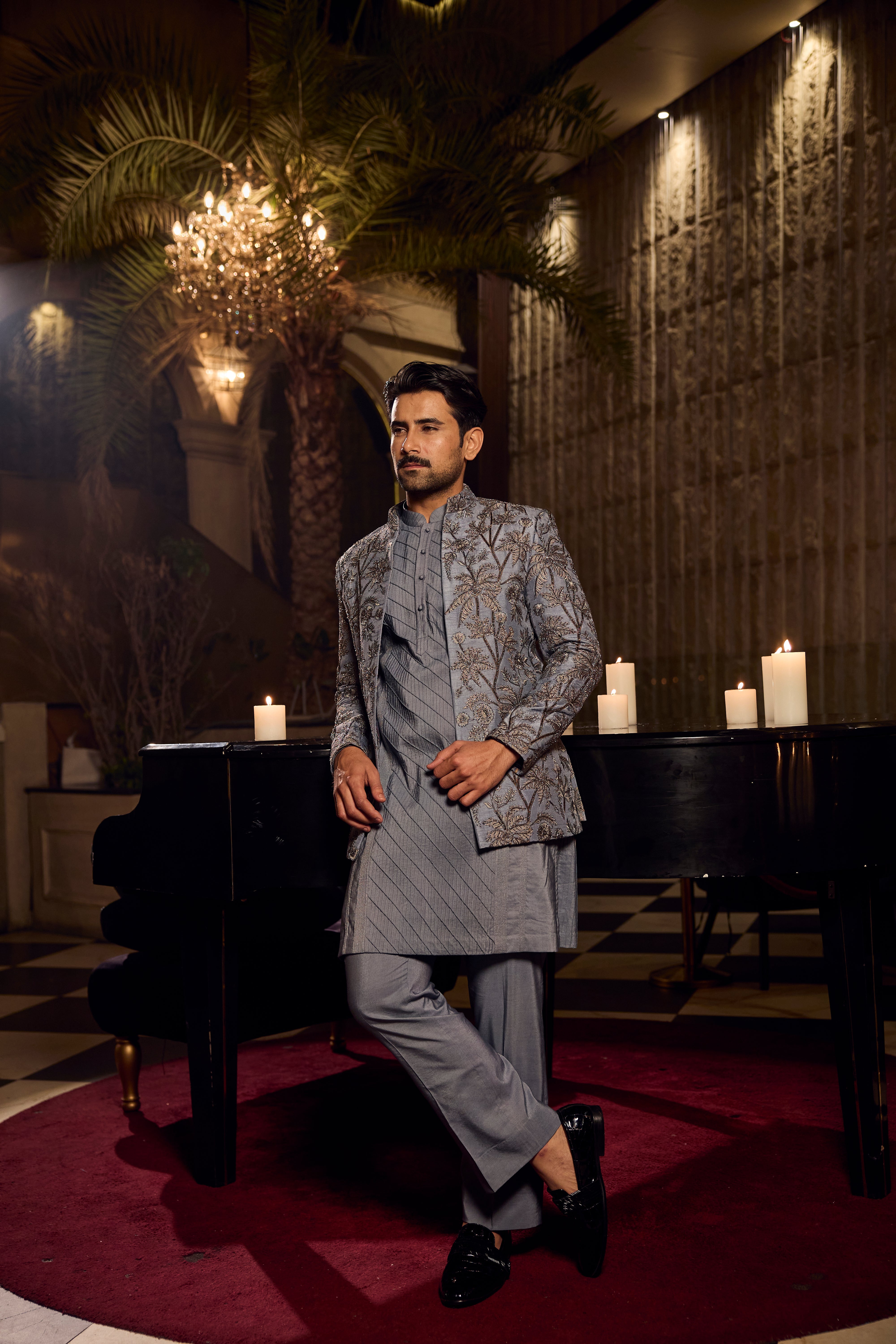 Steel Blue Kurta Front Open Jodhpuri with Intricate Floral Embroidered Jacket
