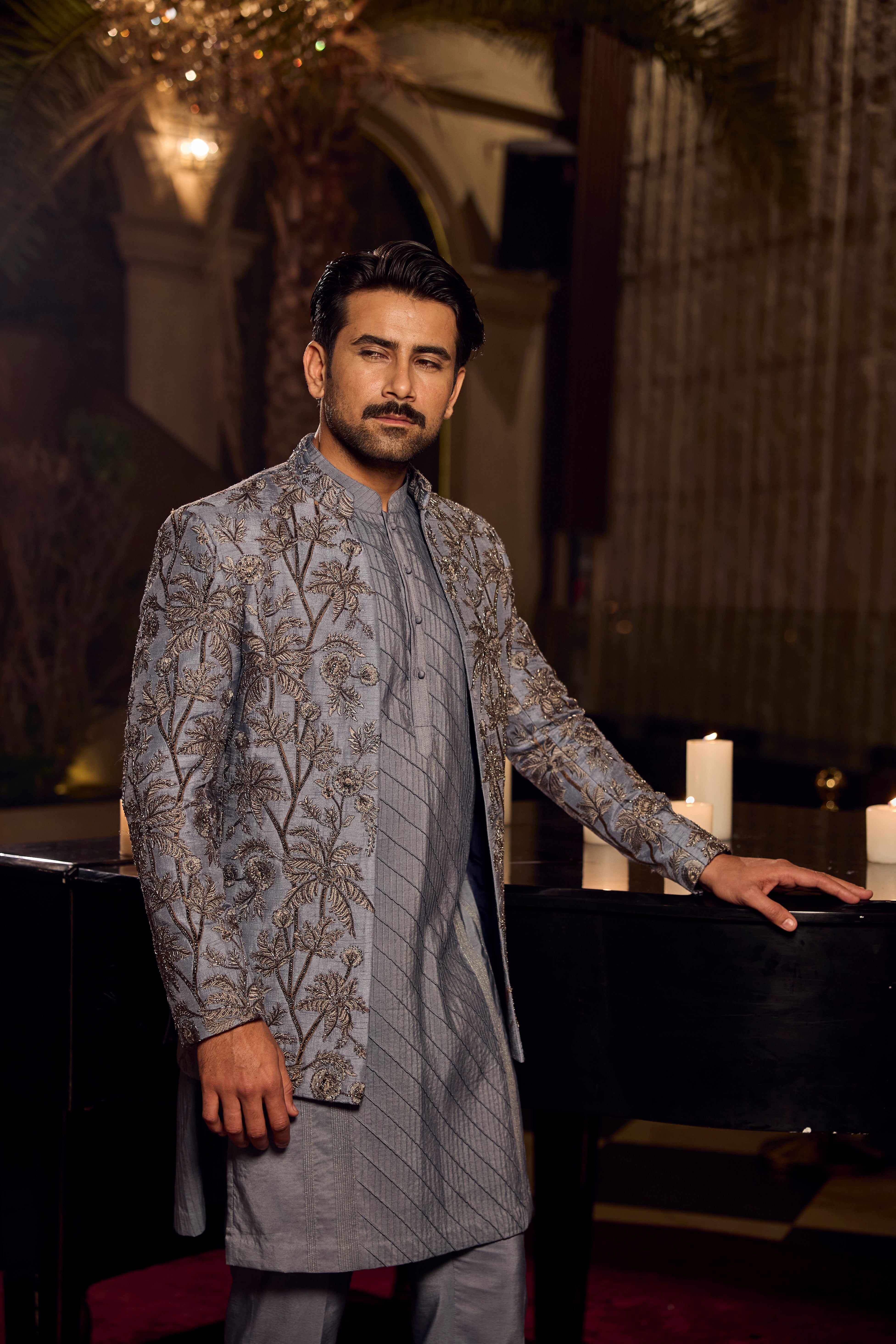 Steel Blue Kurta Front Open Jodhpuri with Intricate Floral Embroidered Jacket