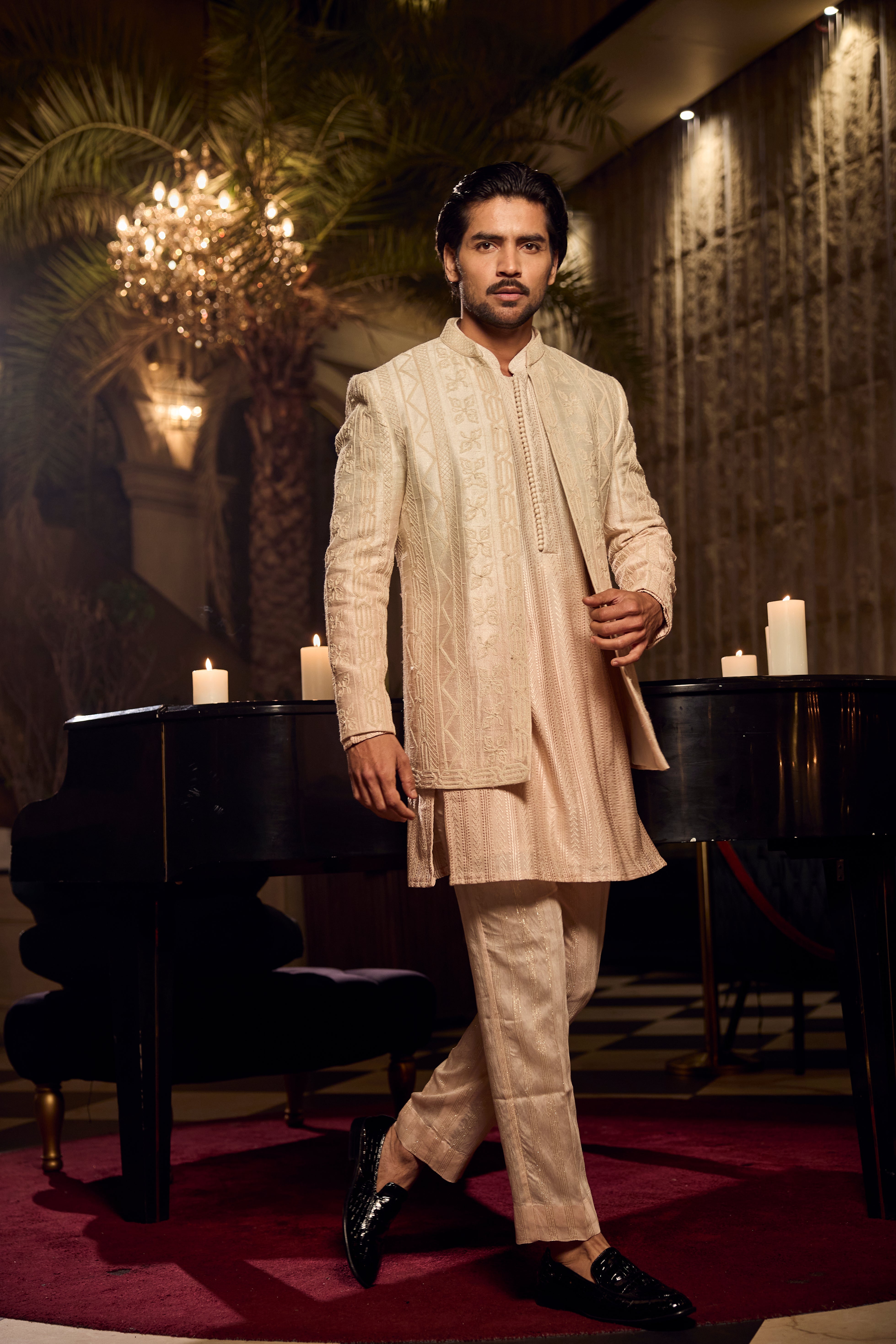 Ombre Kurta Front Open Jodhpuri Ensemble with Intricate Tonal Embroidery
