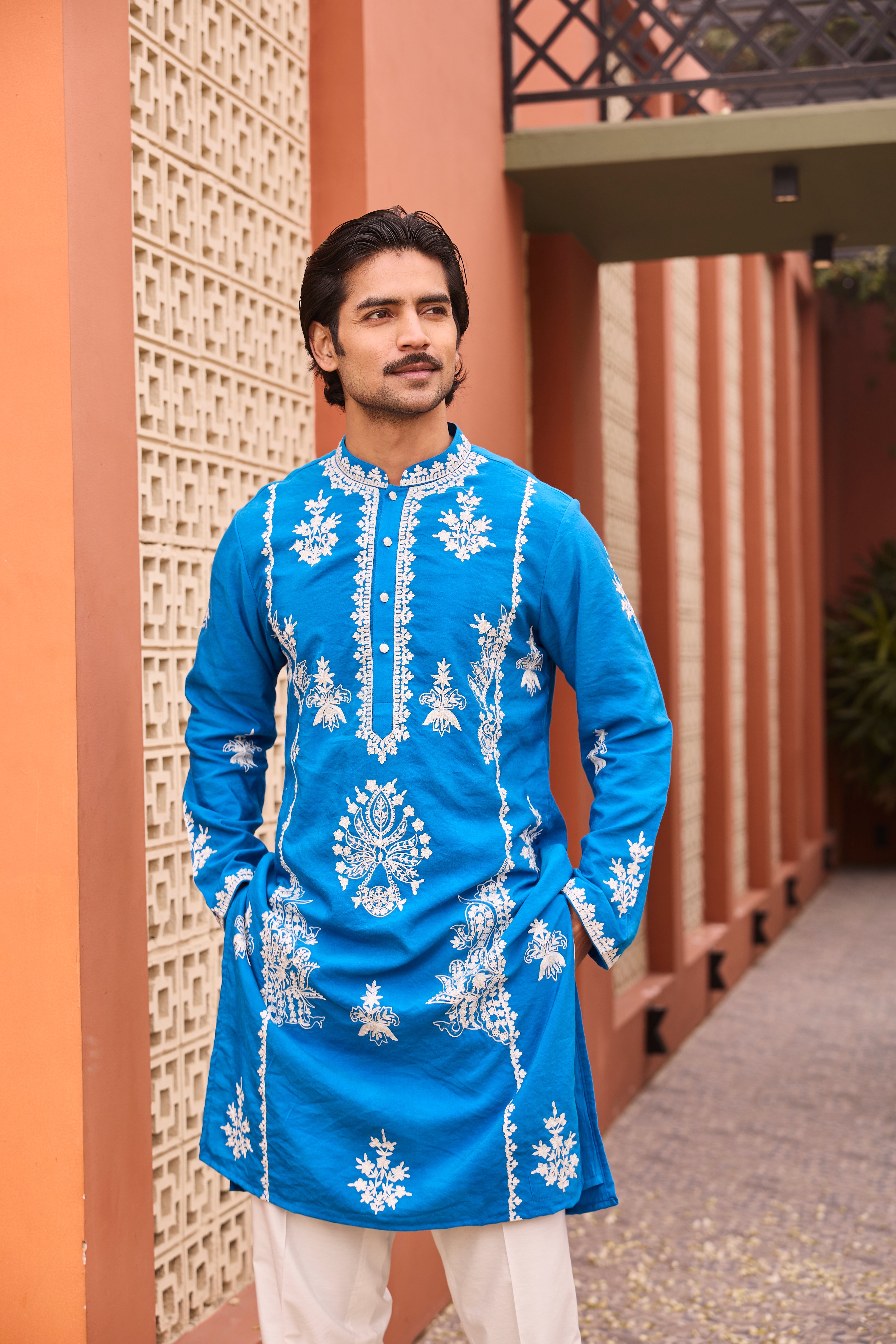 Royal Blue Kurta with Exquisite White Embroidery