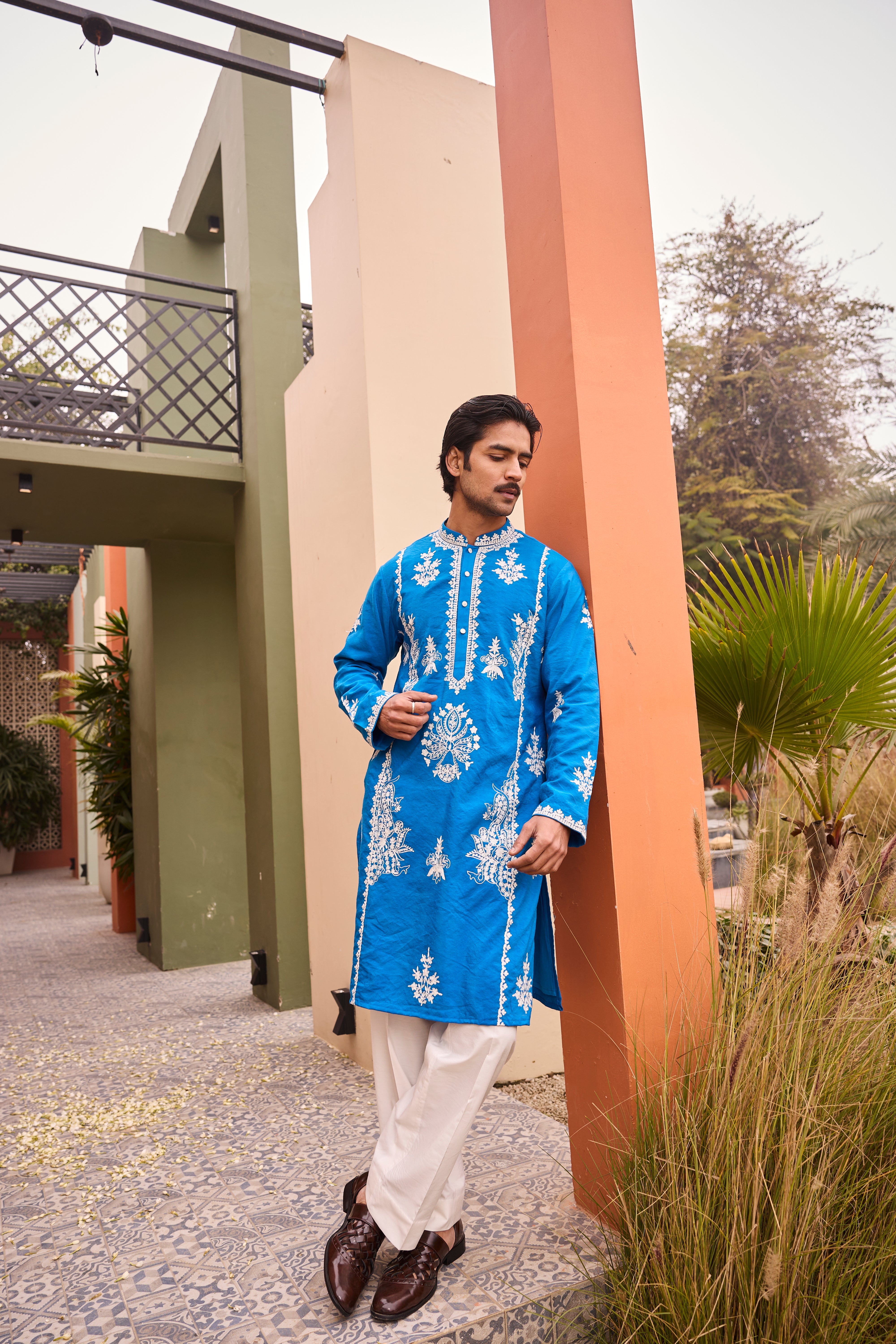 Royal Blue Kurta with Exquisite White Embroidery