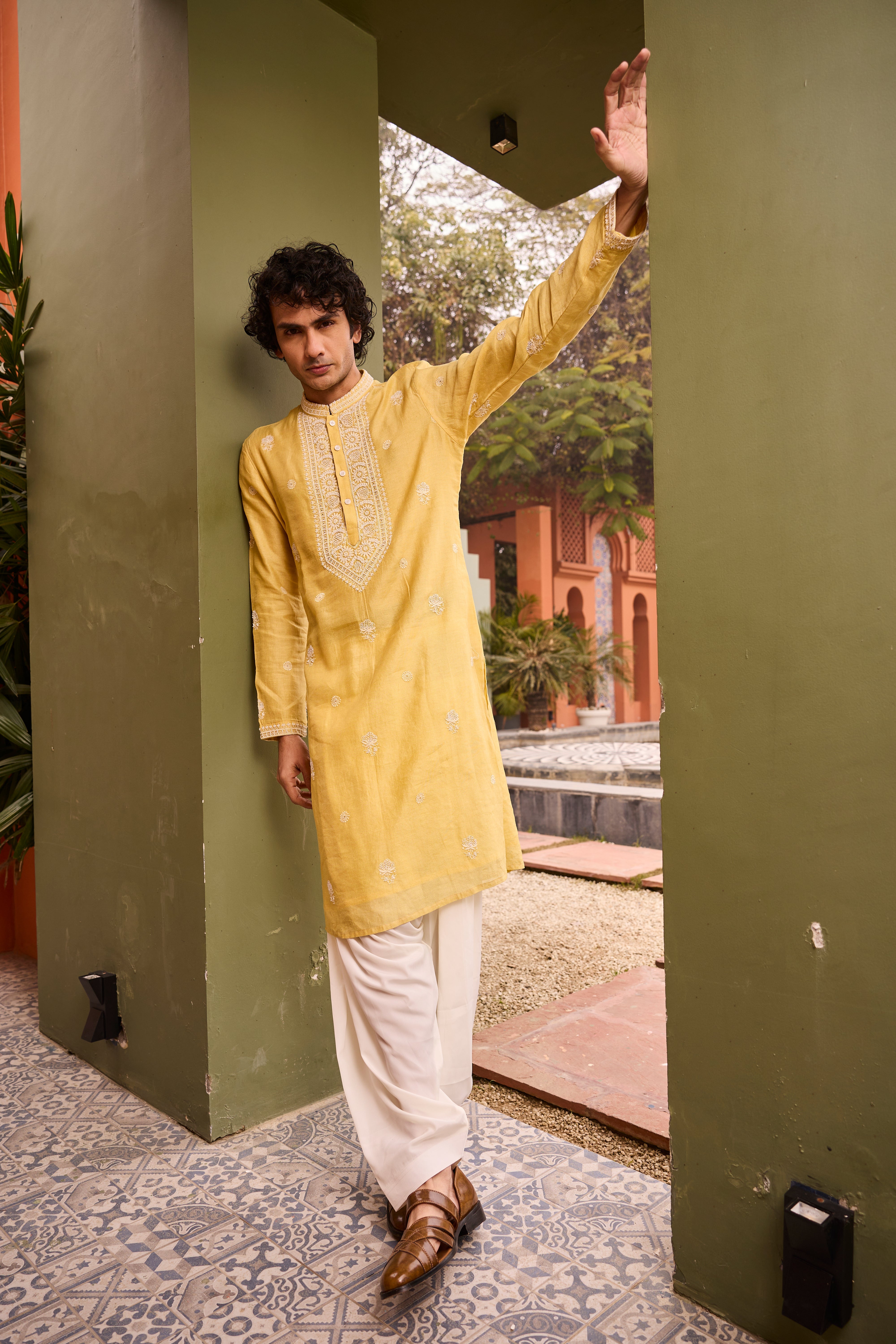 Mustard Yellow Kurta with Intricate White Embroidery