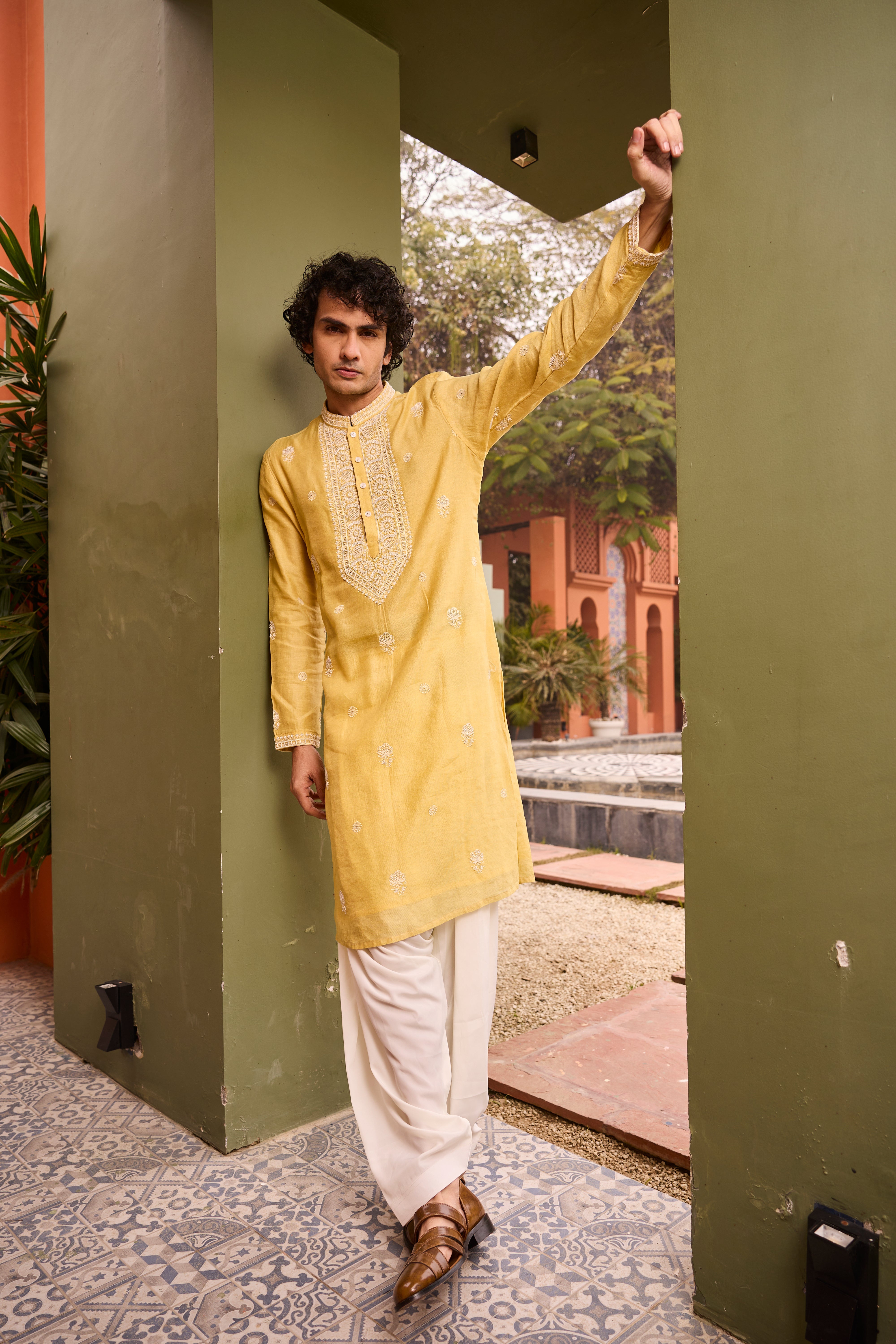 Mustard Yellow Kurta with Intricate White Embroidery