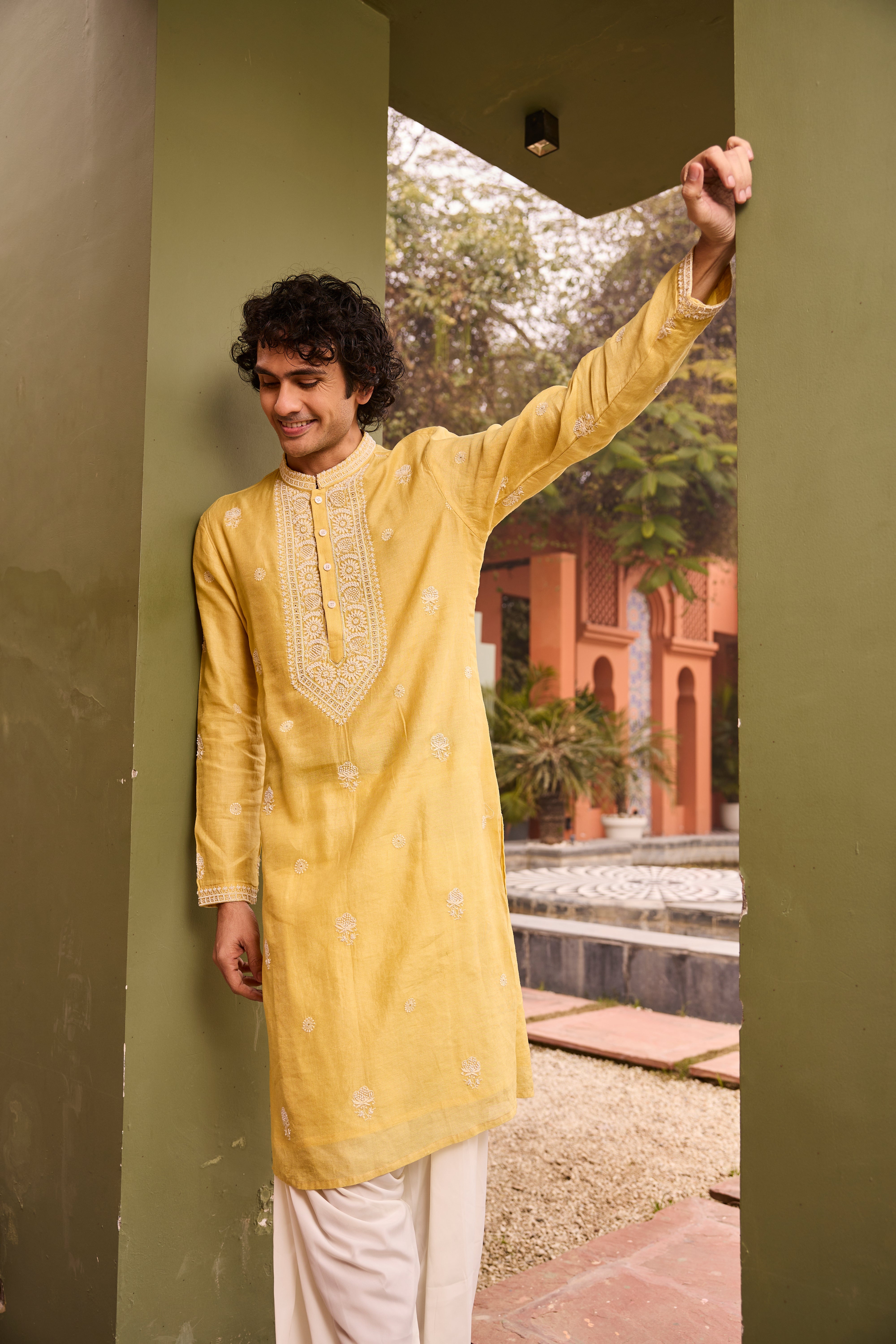 Mustard Yellow Kurta with Intricate White Embroidery