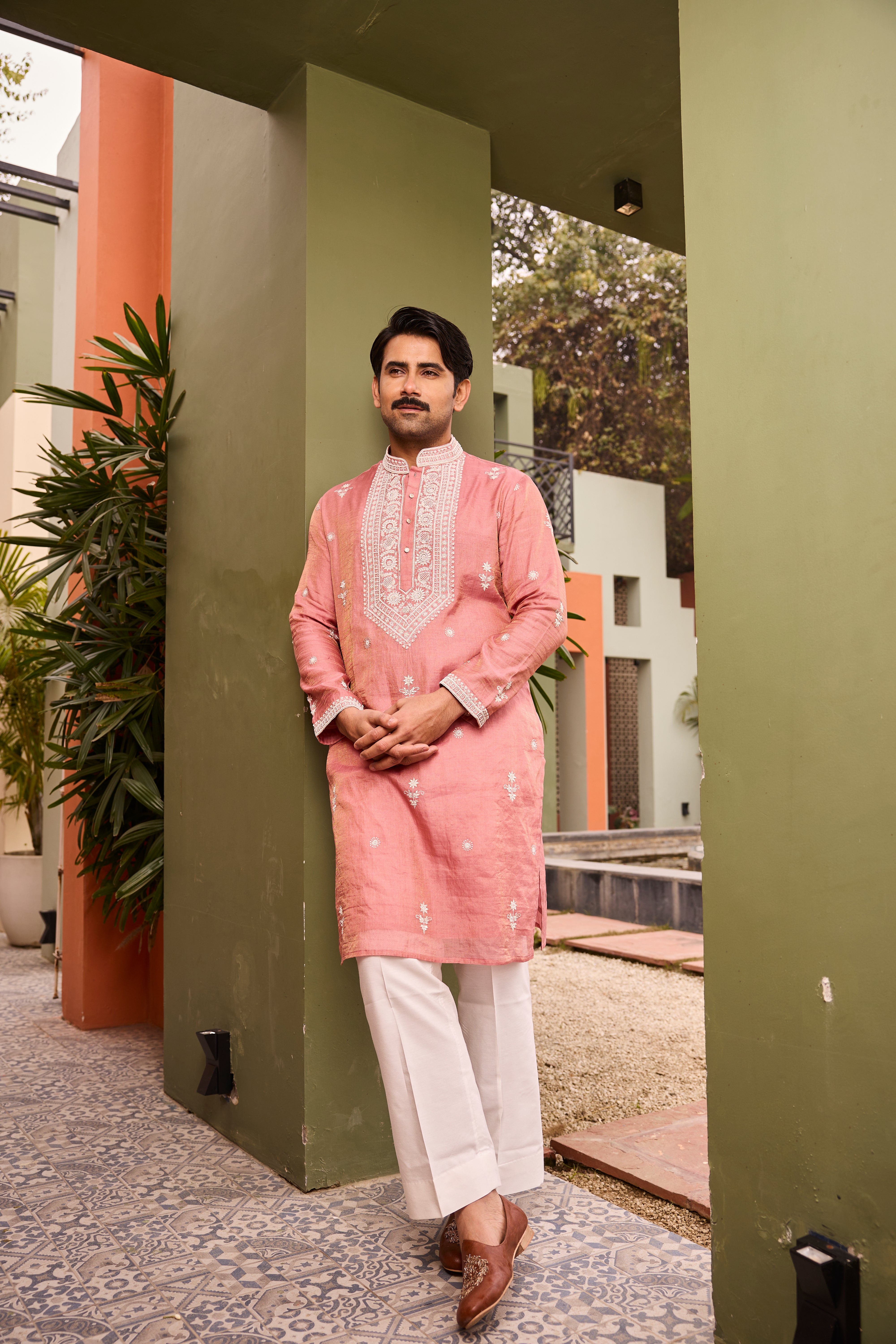 Blush Pink Kurta with White Thread Embroidery