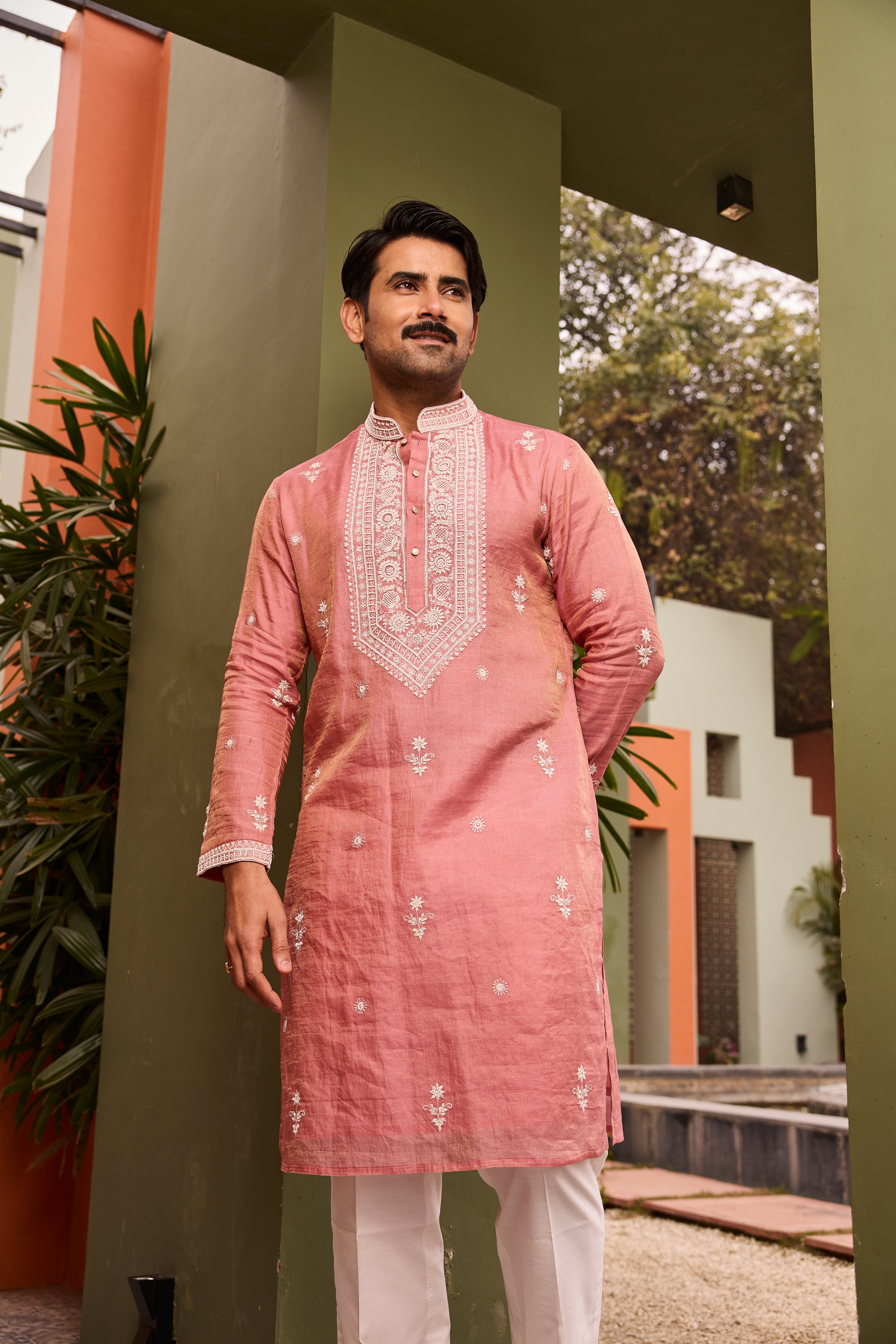 Blush Pink Kurta with White Thread Embroidery