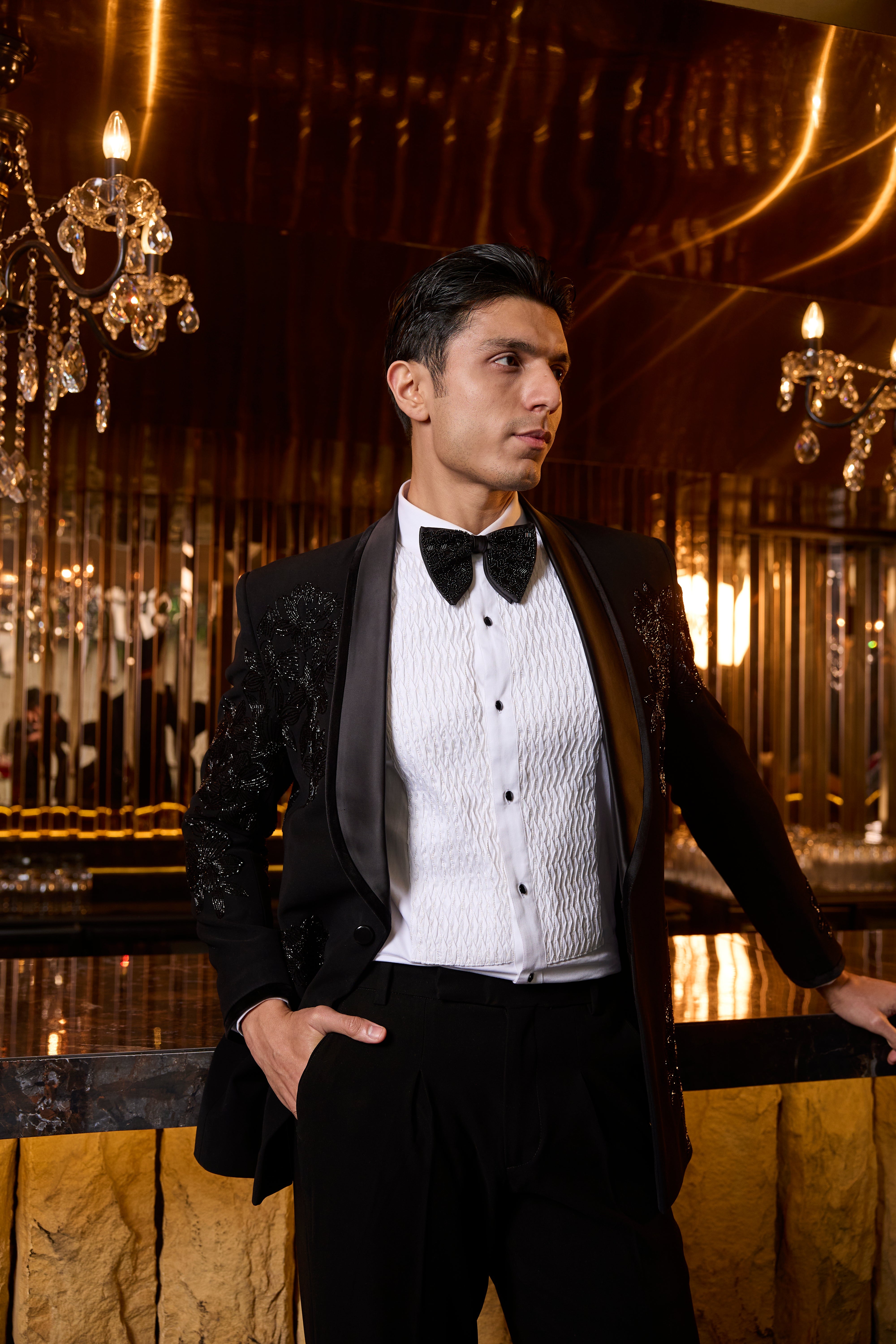 Embroidered Black Tuxedo Set with Satin Shawl Collar