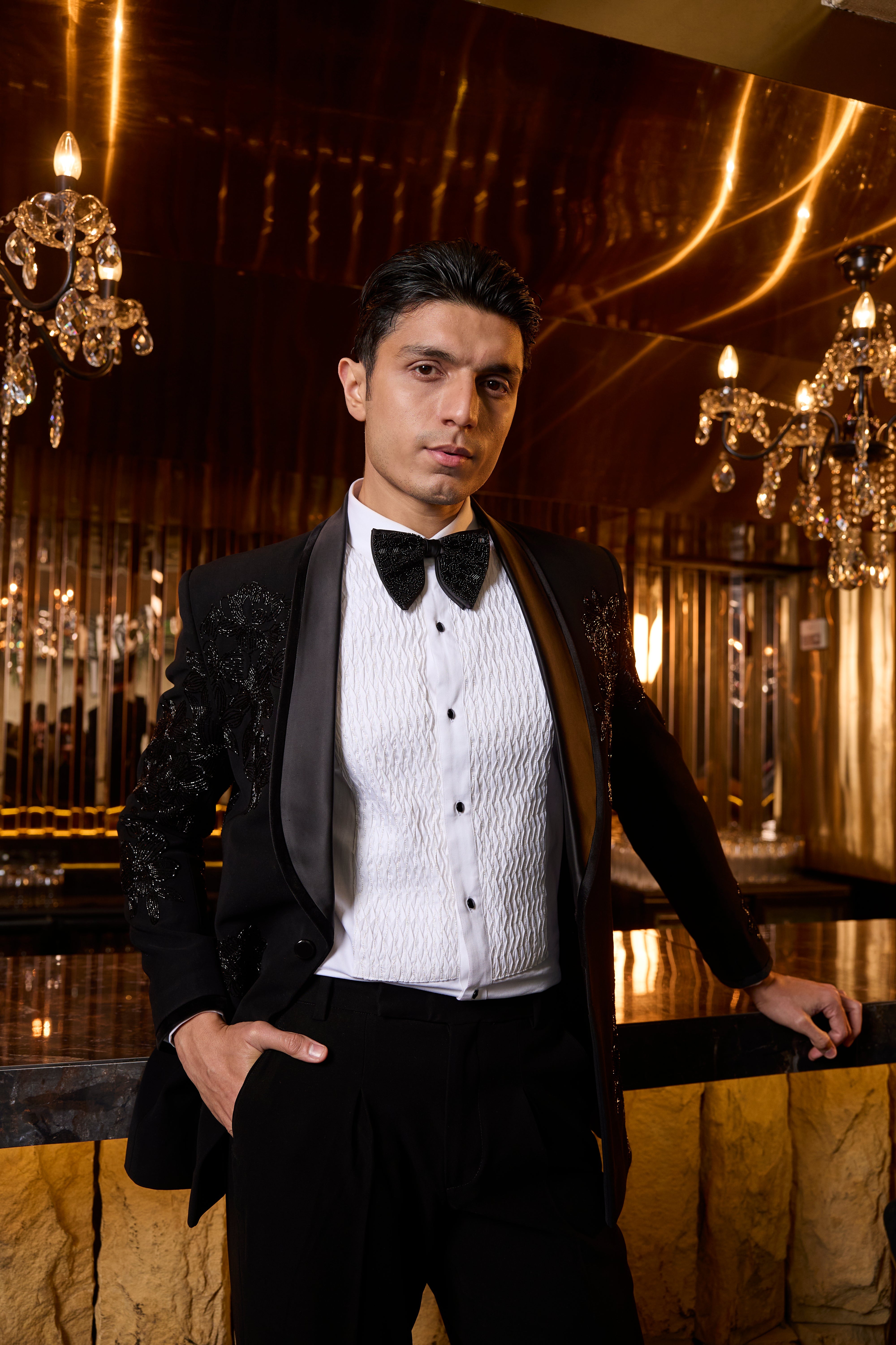 Embroidered Black Tuxedo Set with Satin Shawl Collar