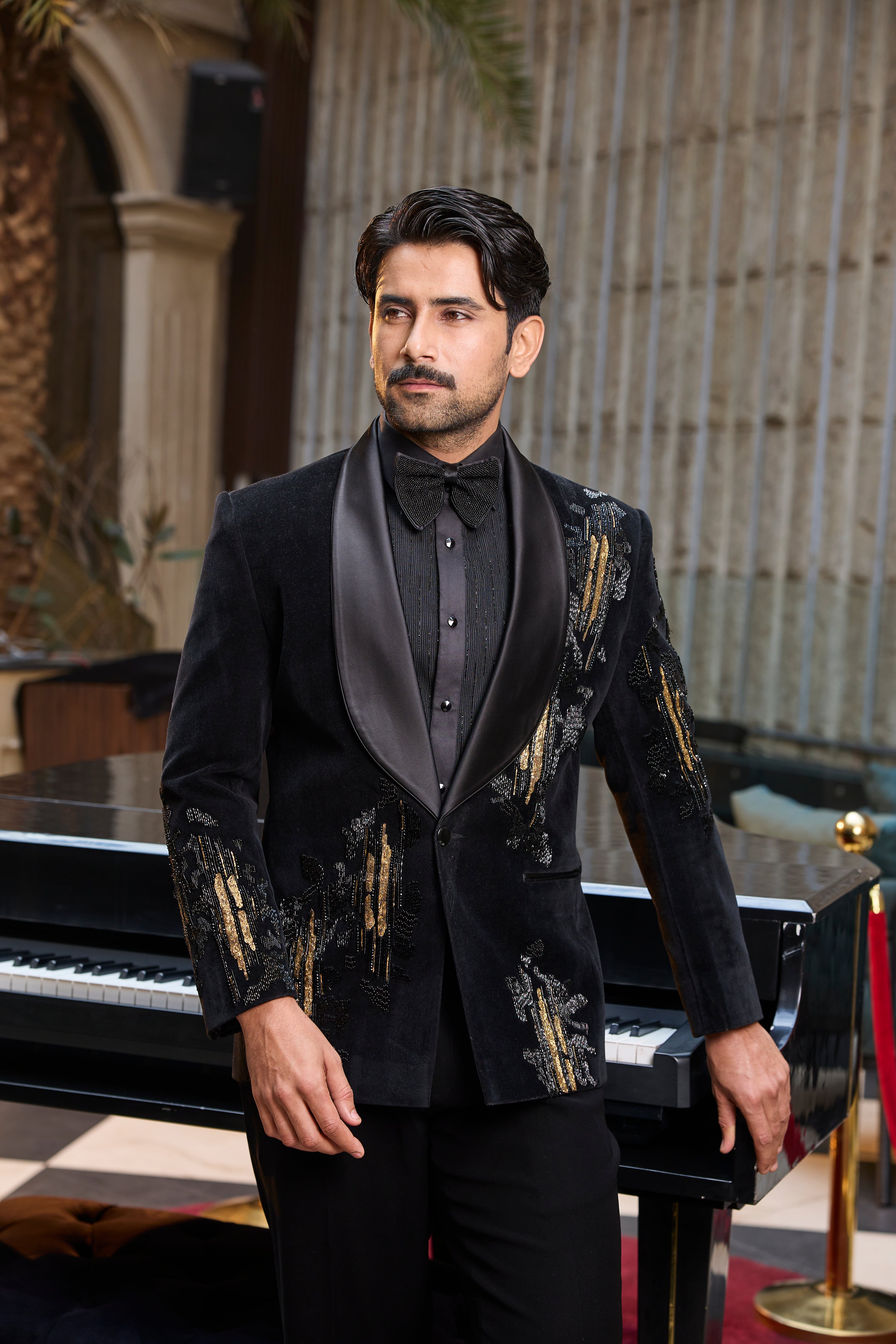 Black Velvet Tuxedo Set with Gold Embroidery