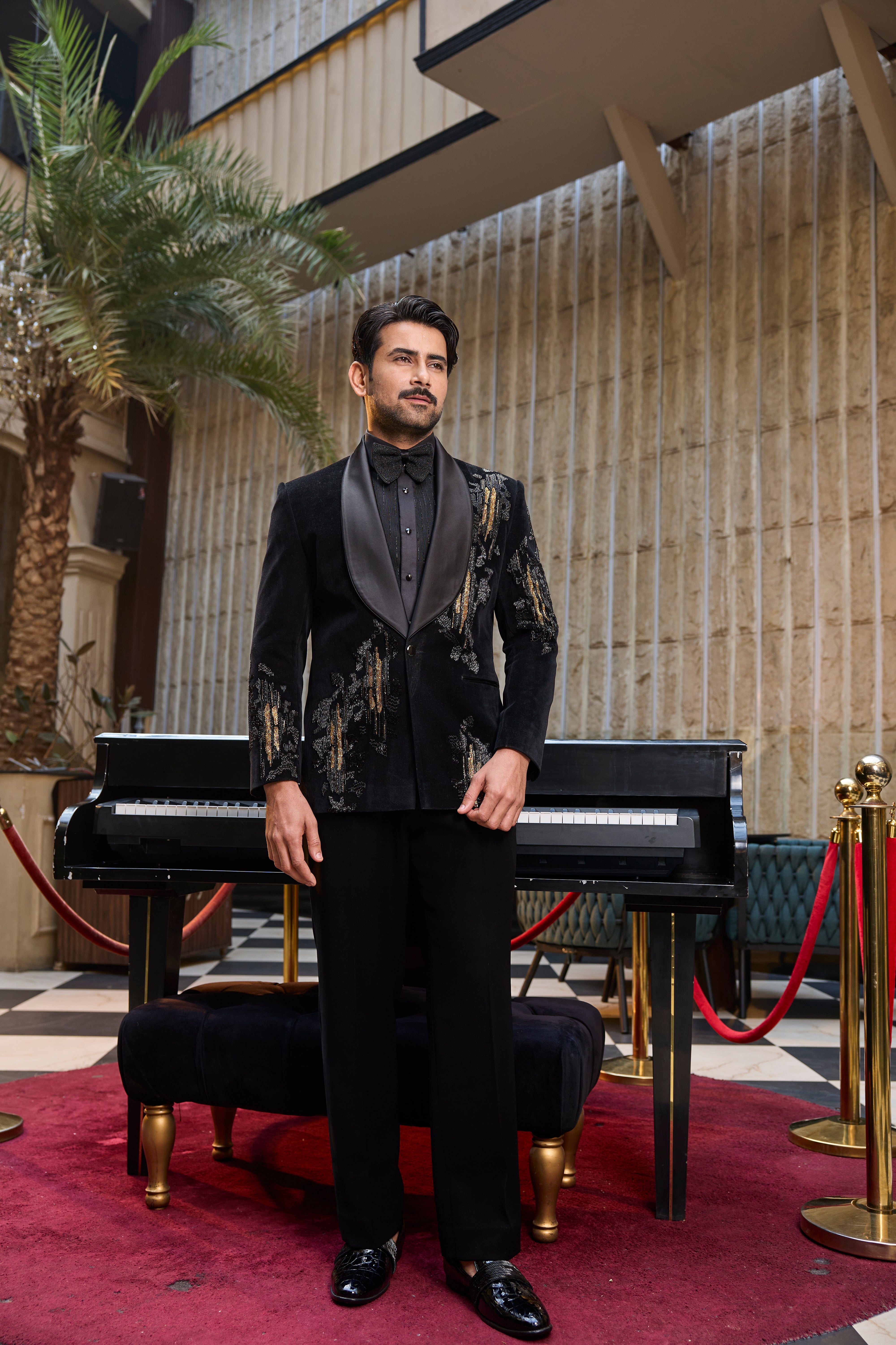 Black Velvet Tuxedo Set with Gold Embroidery