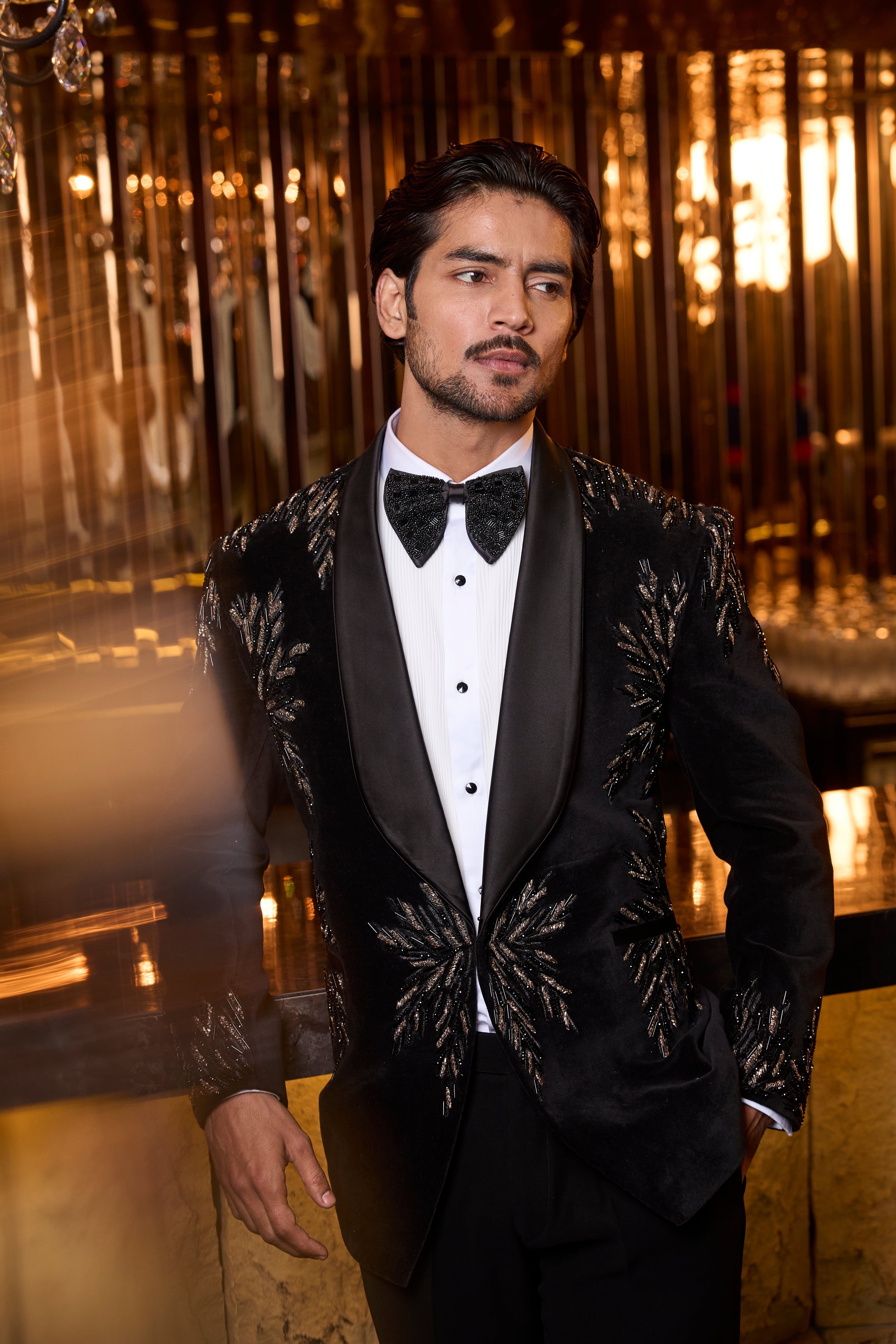 Black Velvet Tuxedo Set with Gold Leaf Embroidery