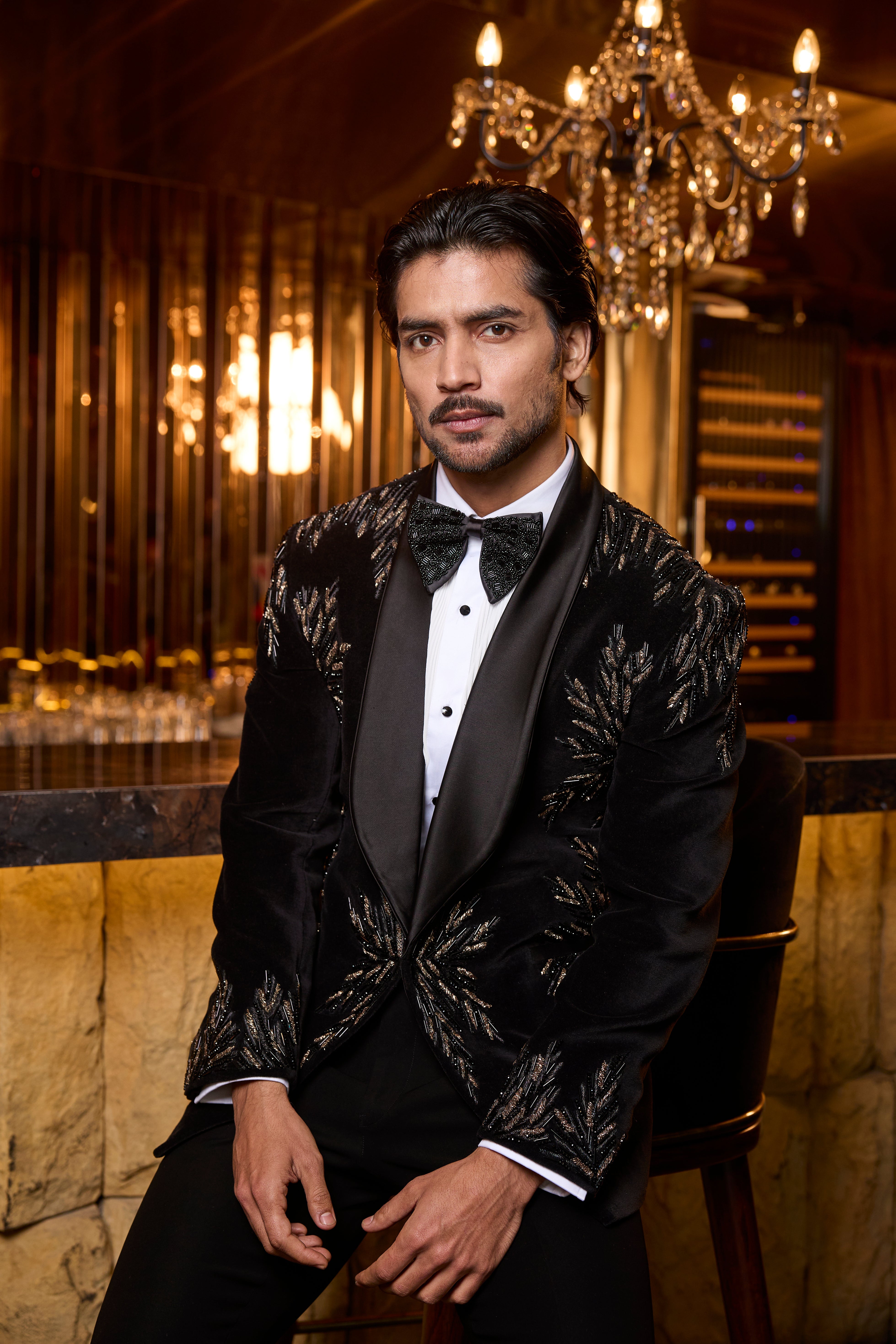 Black Velvet Tuxedo Set with Gold Leaf Embroidery