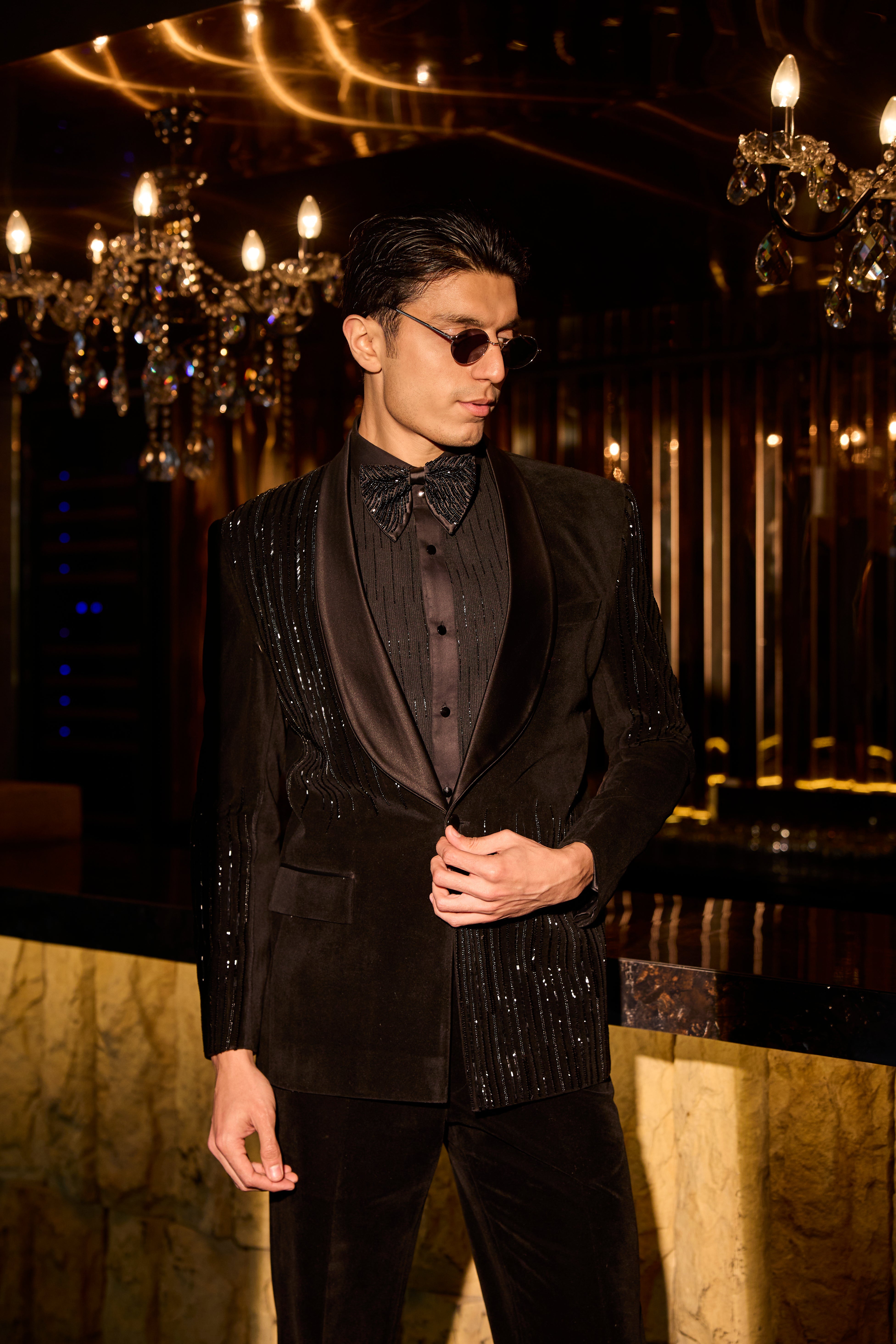 Midnight Noir Velvet Tuxedo Set with Sequin Panel Accents