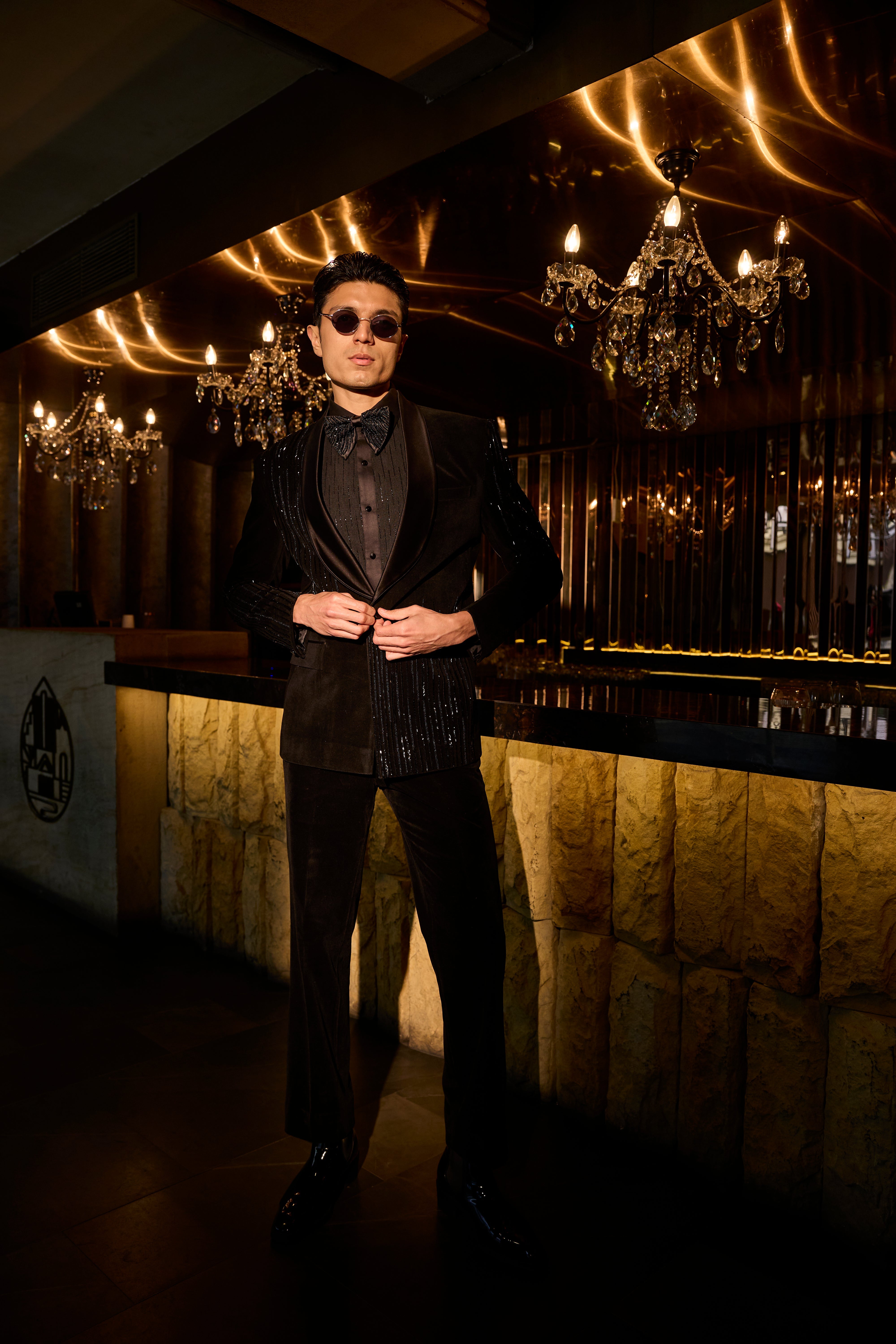 Midnight Noir Velvet Tuxedo Set with Sequin Panel Accents