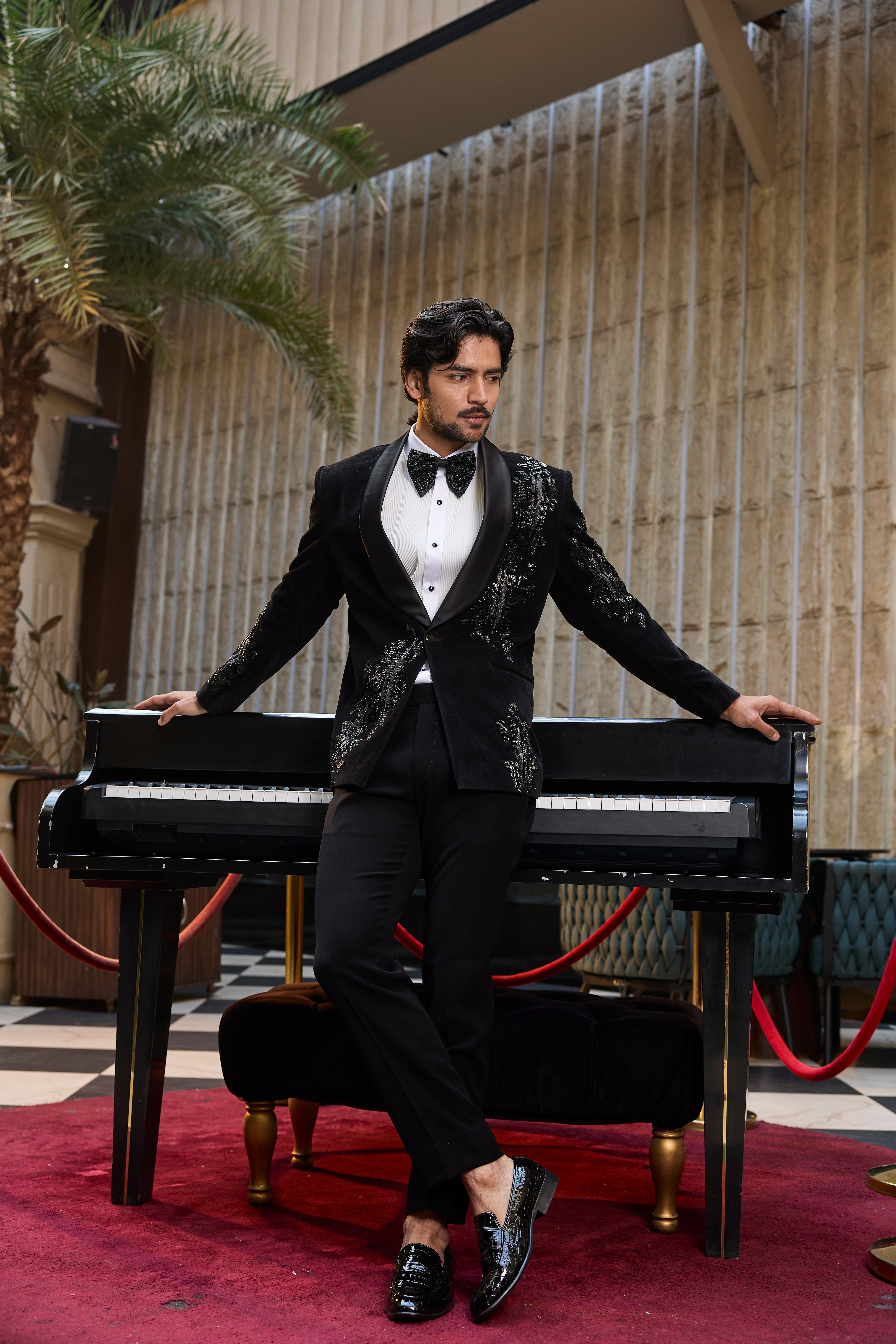 Black Velvet Tuxedo Set with Sequin Detailing