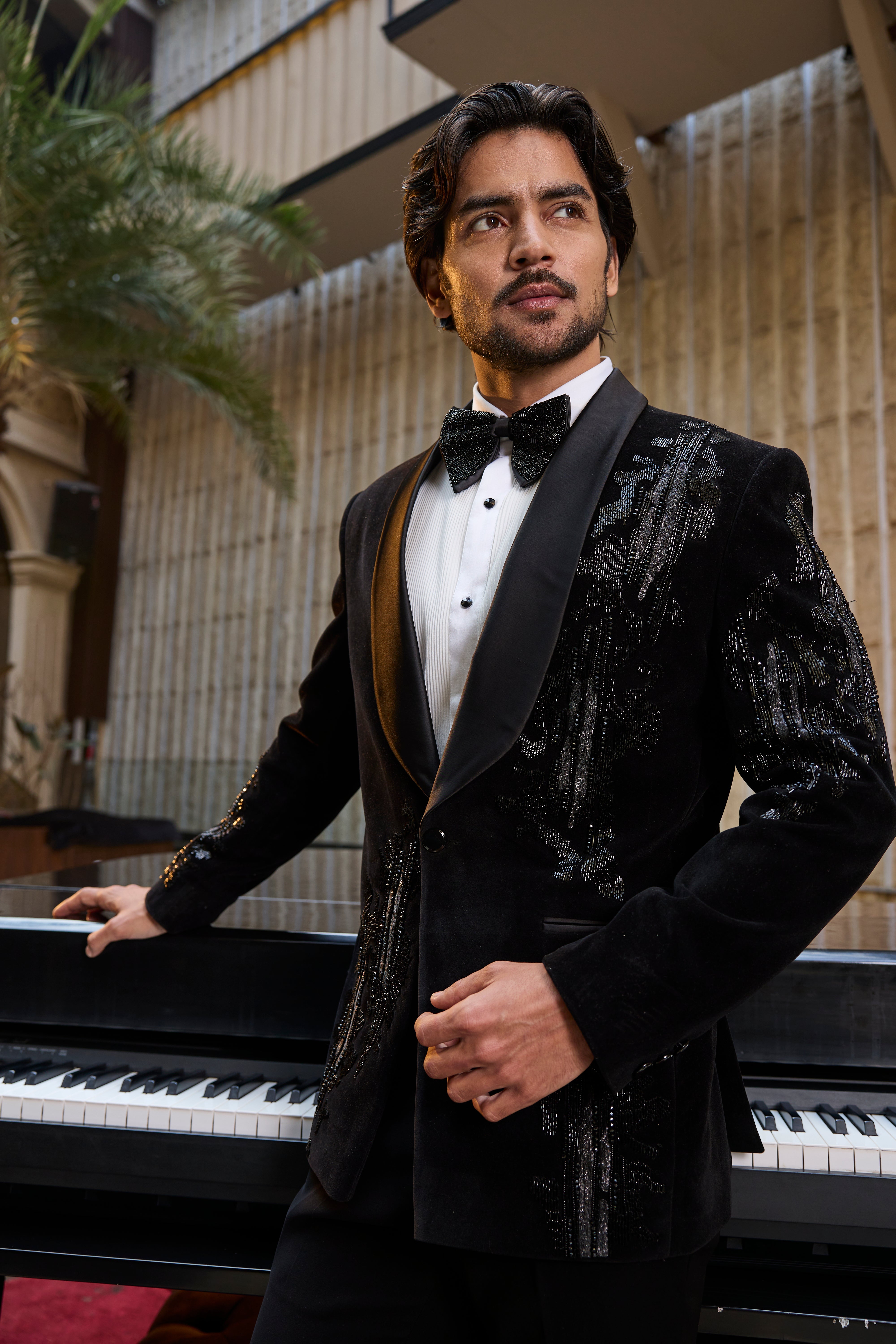 Black Velvet Tuxedo Set with Sequin Detailing