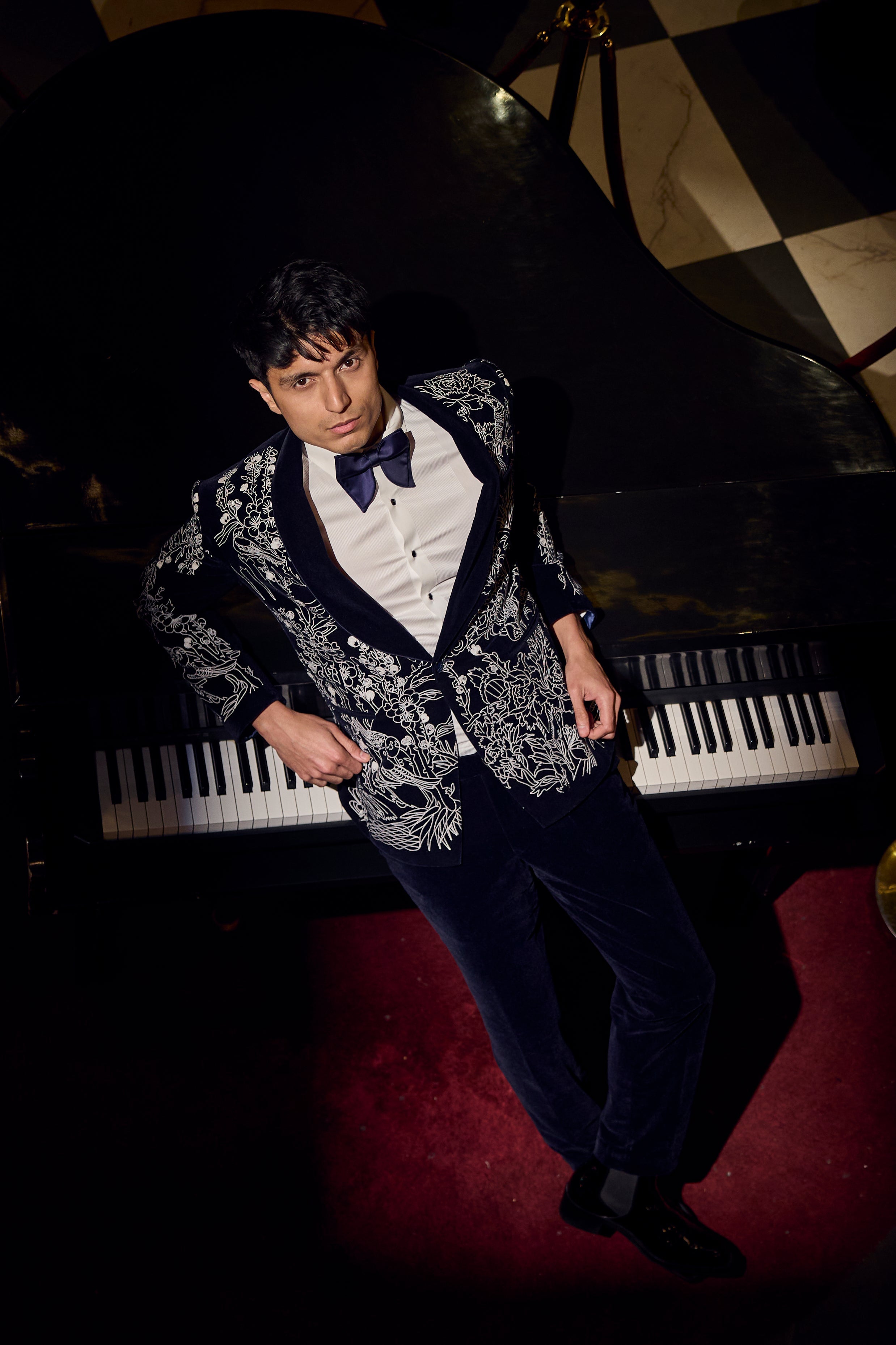 Midnight Velvet Tuxedo Set with Intricate Ivory Floral Embroidery