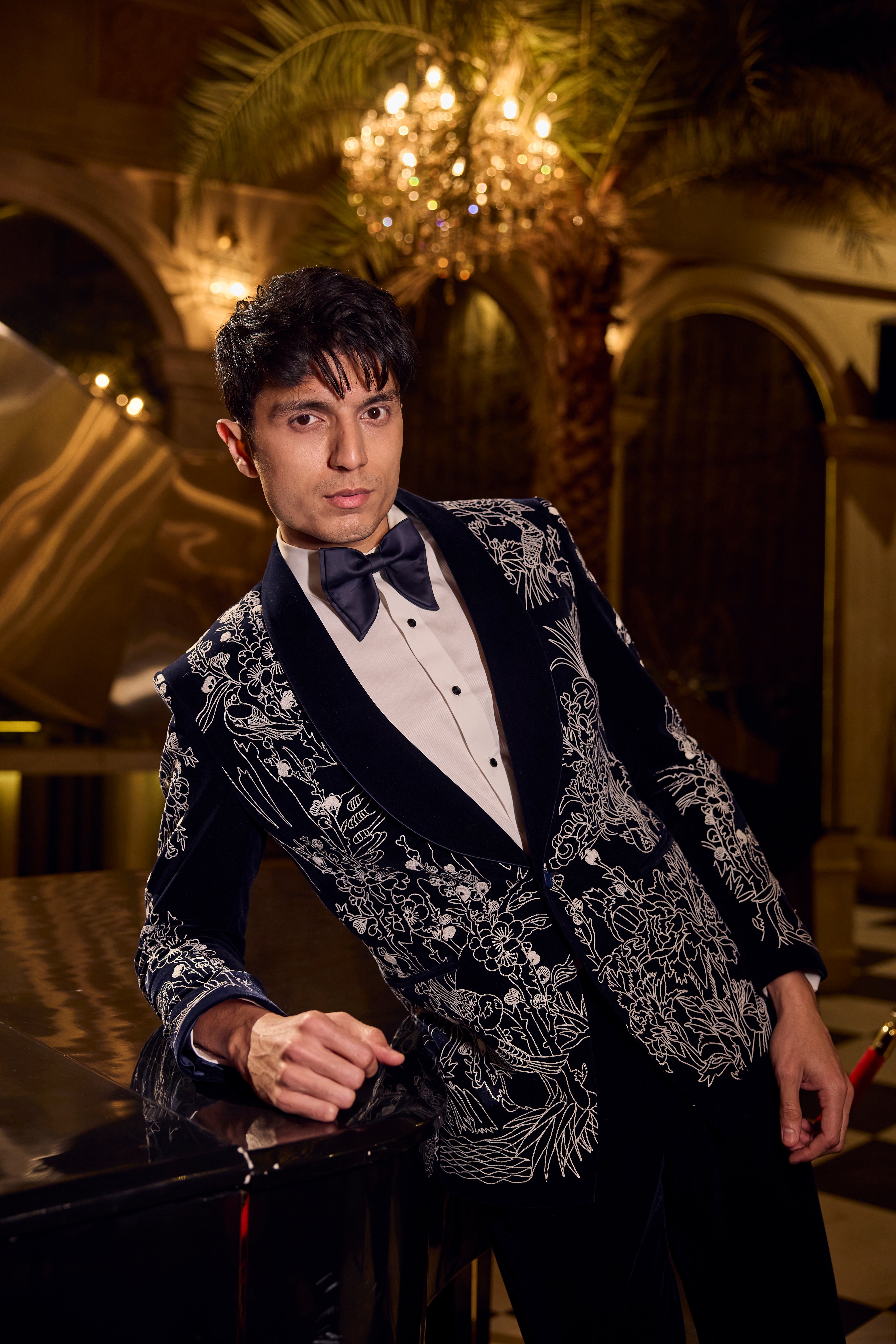 Midnight Velvet Tuxedo Set with Intricate Ivory Floral Embroidery